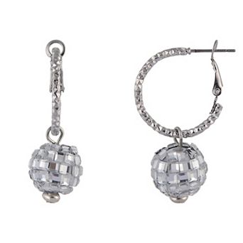 Silver Tone Disco Ball Drop Hoop Earrings