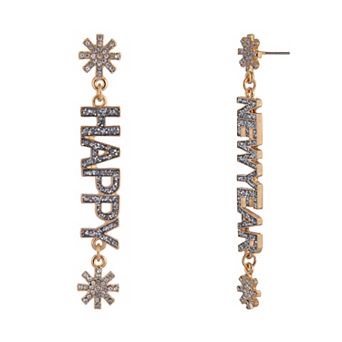 Gold Tone Happy New Year Glitter Enamel Drop Earrings