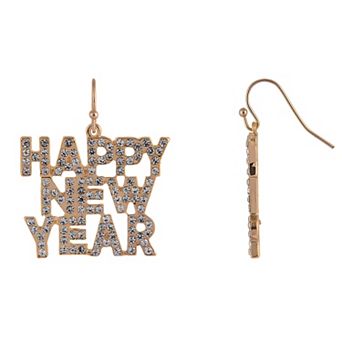 Gold Tone Happy New Year Crystal Drop Earrings