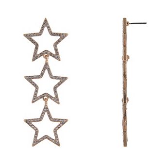 Gold Tone Open Star Linear Crystal Earrings