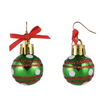 Gold Tone Green Christmas Bulb Dangle Earrings
