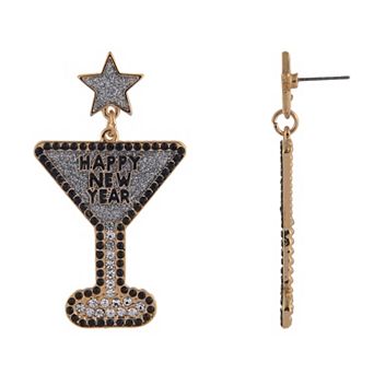 Gold Tone Glitter Enamel Happy New Year Martini Glass Drop Earrings