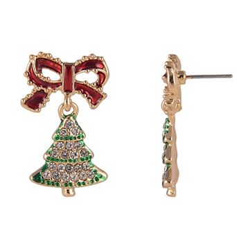 Gold Tone Green Enamel Christmas Tree Red Bow Drop Earrings