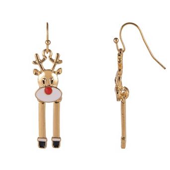 Gold Tone Reindeer Dangle Earrings