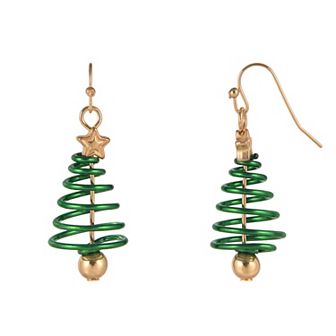 Gold Tone Spiral Christmas Tree Drop Earrings