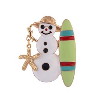 Gold Tone Surfing Snowman Pin