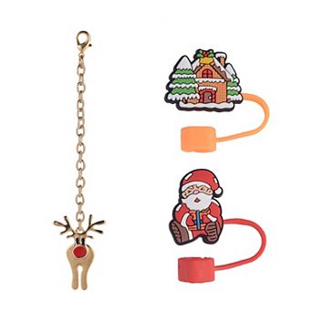Santa, Gingerbread House & Reindeer 3 pc Straw Topper & Tumbler Charm Set
