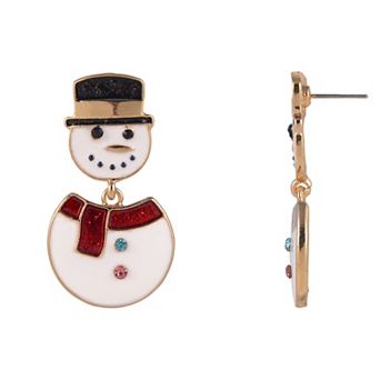 Gold Tone Snowman Enamel Drop Earrings