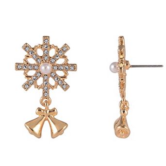 Gold Tone Crystal Snowflake Bell Drop Earrings