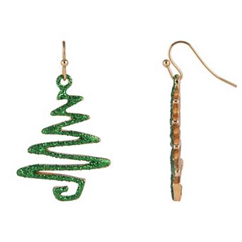 Gold Tone Glitter Christmas Tree Drop Earrings
