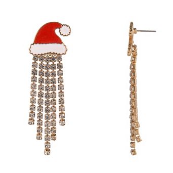 Gold Tone Red Enamel Rhinestone Chain Santa Hat Earrings