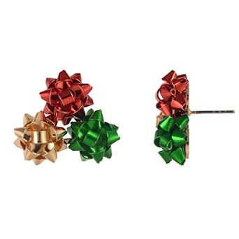 Gold Tone Gift Bow Cluster Stud Earrings