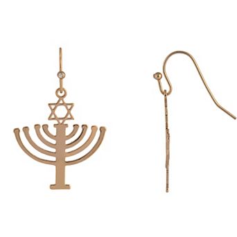 Gold Tone Menorah & Star of David Drop Earrings