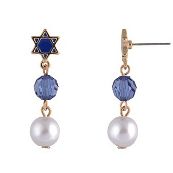 Gold Tone Star of David Simulated Pearl Linear Earrings