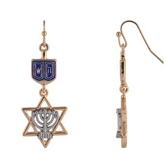 Gold Tone Dreidel, Star of David & Menorah Drop Earrings