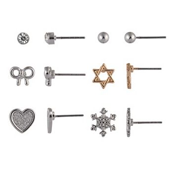 Two Tone 6-Pair Bow, Snowflake & Star of David Earring Set