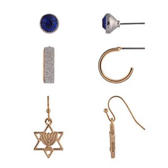 Two Tone 3-Pair Glitter Hoop & Star of David Earring Set