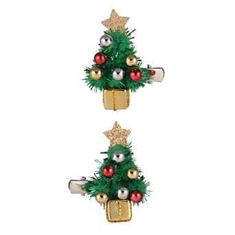 Silver Tone 2 pc Green Pom Pom Christmas Tree Hair Clip Set