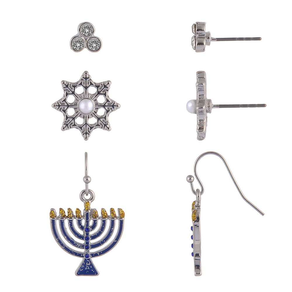 Silver Tone 3-Pair Menorah & Snowflake Earring Set