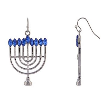 Silver Tone Menorah Simulated Stone Drop Earrings