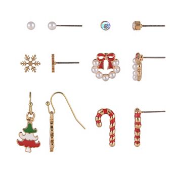 Gold Tone 6-Pair Wreath, Candy Cane & Christmas Tree Stud Earring Set