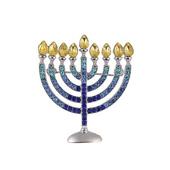 Silver Tone Simulated Stone Menorah Pin