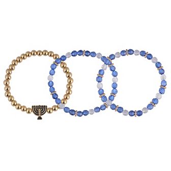 Gold Tone 3 pc Menorah Charm Beaded Stretch Bracelet Set
