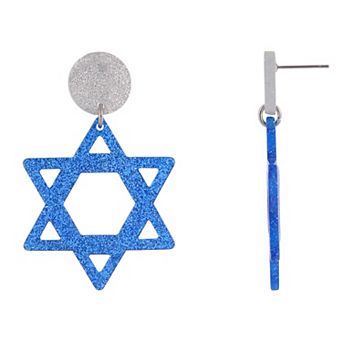 Silver Tone Acrylic Glitter Star of David Drop Earrings