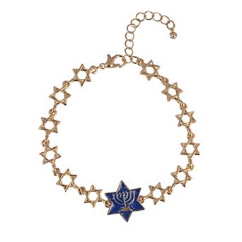 Gold Tone Enamel Charm Star of David Chain Bracelet