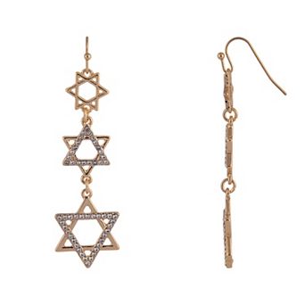 Gold Tone Star of David Crystal Linear Earrings