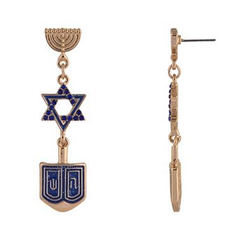 Gold Tone Dreidel, Star of David & Menorah Simulated Stone Accent Linear Earrings