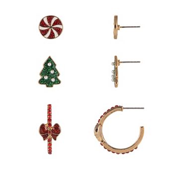 Gold Tone 3-Pair Peppermint, Christmas Tree & Bow Hoop Earring Set