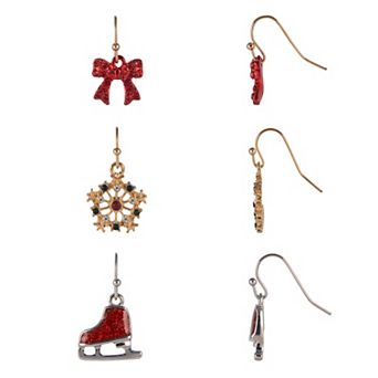 Two Tone 3-Pair Red Bow, Snowflake & Ice Skate Earring Set