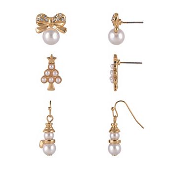 Gold Tone 3-Pair Simulated Pearl Bow, Christmas Tree & Snowman Earring Set