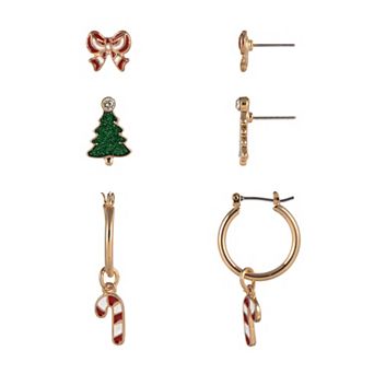 Gold Tone 3-Pair Bow, Christmas Tree & Candy Cane Hoop Earring Set