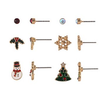 Gold Tone 6-Pair Snowman, Christmas & Holly Stud Earring Set