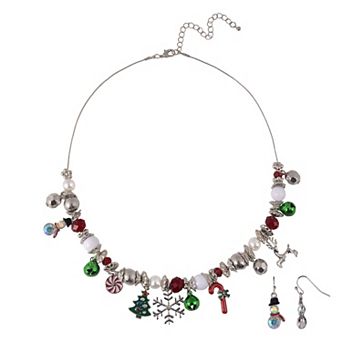 Silver Tone Christmas Charm Necklace & Earring Set