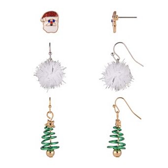 Two Tone 3-Pair Santa Hat, Tinsel Pom Pom & Christmas Tree Earring Set