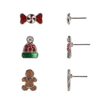 Silver Tone Gingerbread Man, Hat & Peppermint Candy Stud Earring Set