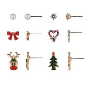 Gold Tone 6-Pair Christmas Tree, Reindeer, Bow & Candy Cane Stud Earring Set