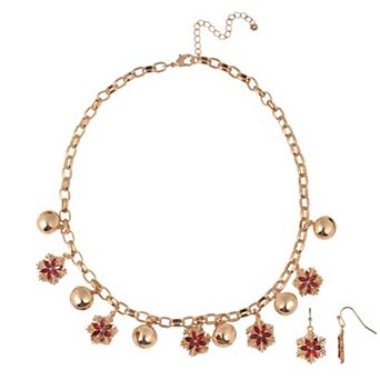 Gold Tone Simulated Stone Accent Snowflake Necklace & Earring Set