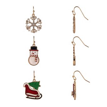 Gold Tone 3-Pair Snowman, Snowflake & Christmas Tree Sled Earring Set