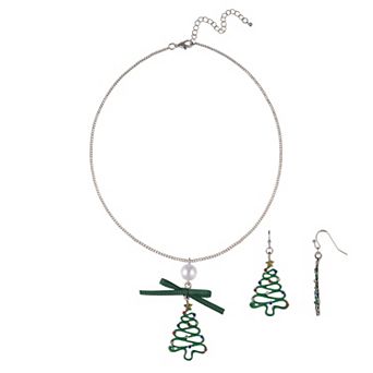 Silver Tone Christmas Tree Necklace & Earring Set
