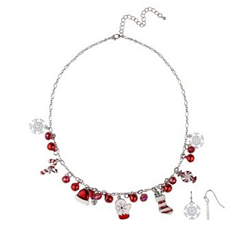 Silver Tone Snowflake, Mitten & Stocking Charm Necklace & Earring Set