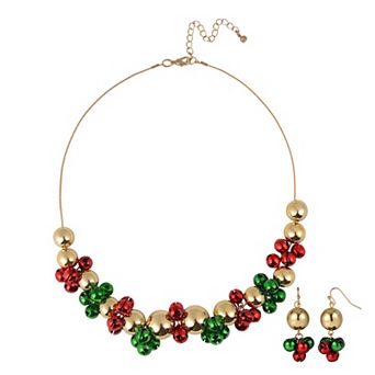 Gold Tone Jingle Bell Beaded Necklace & Earring Set