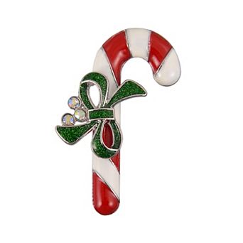Silver Tone Enamel & Glitter Bow Accent Candy Cane Pin