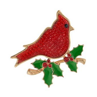 Gold Tone Cardinal & Green Enamel Holly Accent Pin