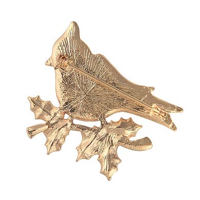 Gold Tone Cardinal & Green Enamel Holly Accent Pin