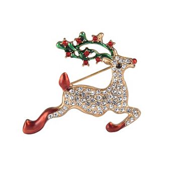 Gold Tone Crystal Reindeer Pin