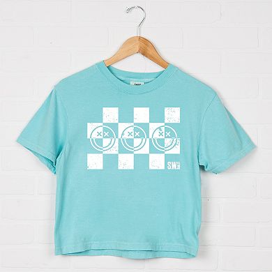 S.W.Smiley Checkered X Face - Women's Boxy Crop Top Graphic T-Shirt